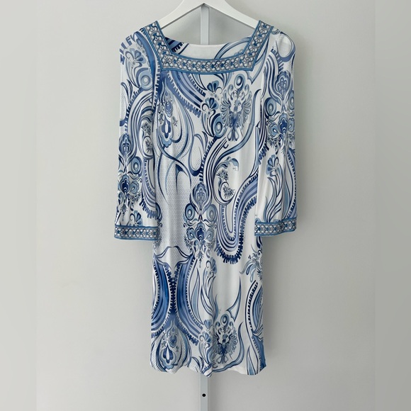 EMILIO PUCCI BLUE WHITE BELL SLEEVE SQUARE NECK DRESS SIZE IT 40 / US 6 - Picture 3 of 16